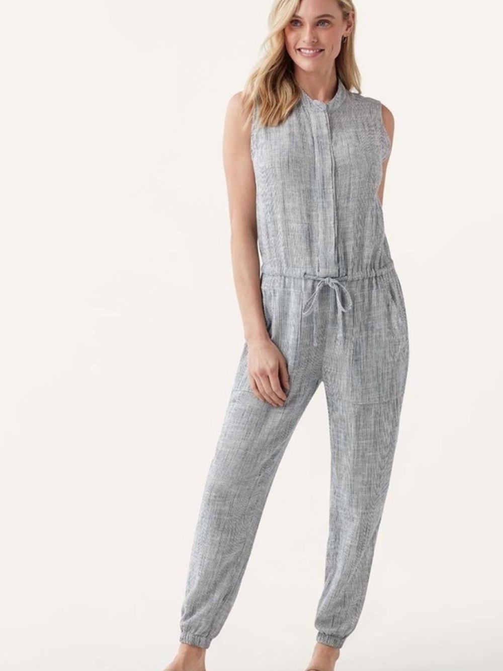 Splendid Sleeveless Navy Pin Striped Drawstring Linen-Blend Jumpsuit Jogger